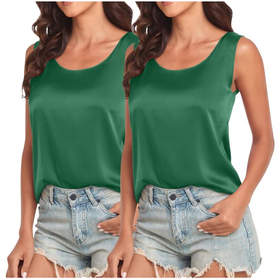 fatyb 2 Pack Satin Tank Tops for Women Round Neck Sleeveless Blouses Summer Lightweight Dressy Shirts