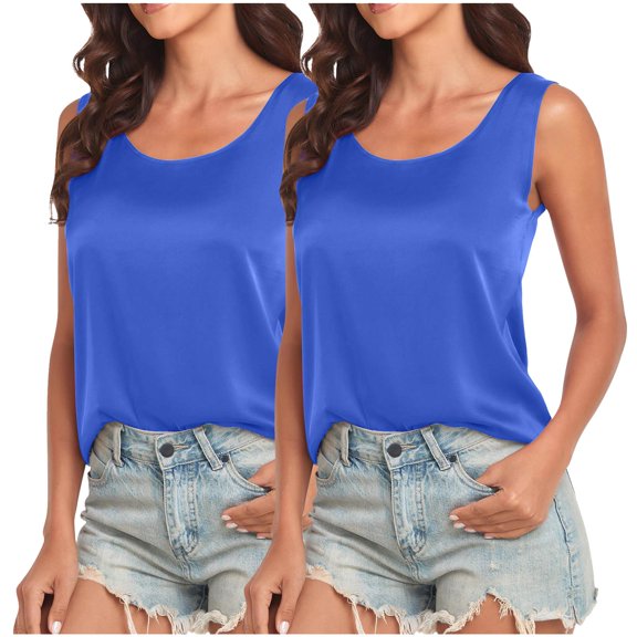 fatyb 2 Pack Satin Tank Tops for Women Round Neck Sleeveless Blouses Summer Lightweight Dressy Shirts