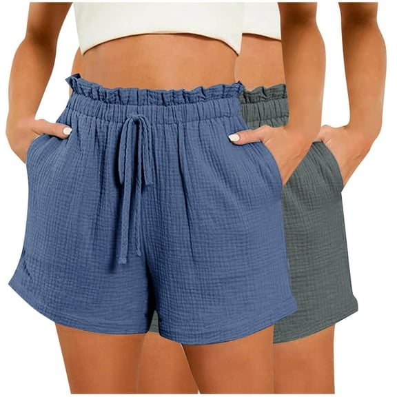 fatyb 2 Pack Shorts for Women Elastic High Waist Casual Shorts Plain Summer Lounge Shorts with Pockets