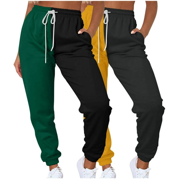 fatyb 2 Pack Sweatpants for Women Color Block Drawstring Joggers Womens Patchwork Casual Pants with Pockets