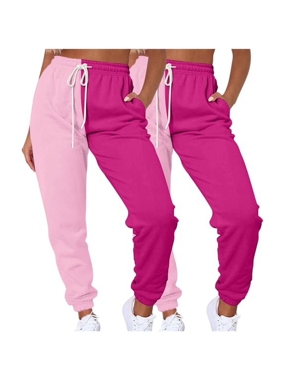 2 Pack Sweatpants for Women Color Block Drawstring Joggers Womens Patchwork Casual Pants with Pockets