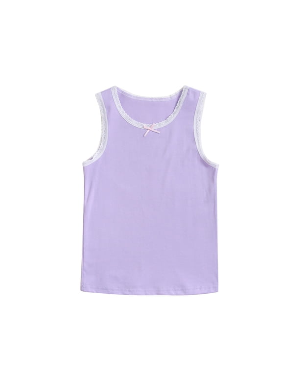 Girls Tank Tops Cotton Sleeveless Crew Neck Undershirts Lace Cute Summer Tshirts for Kids