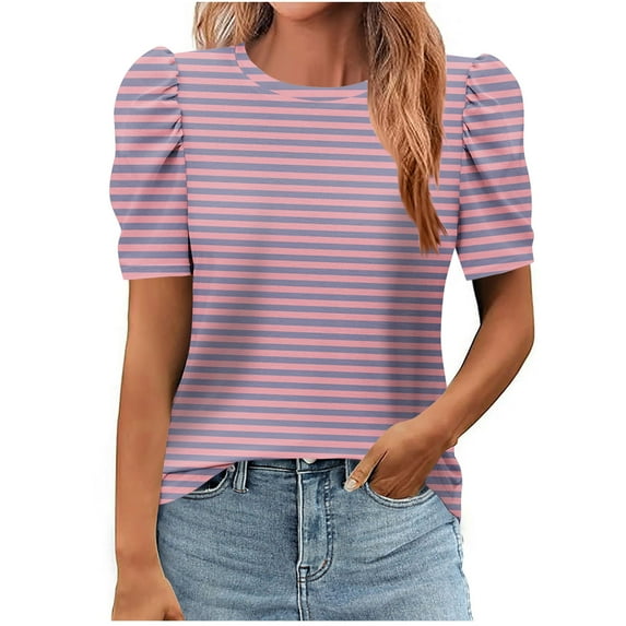 fatyb Tops Women's Striped Print Short Sleeve Tshirts for Women Crew Neck Summer Casual Blouses
