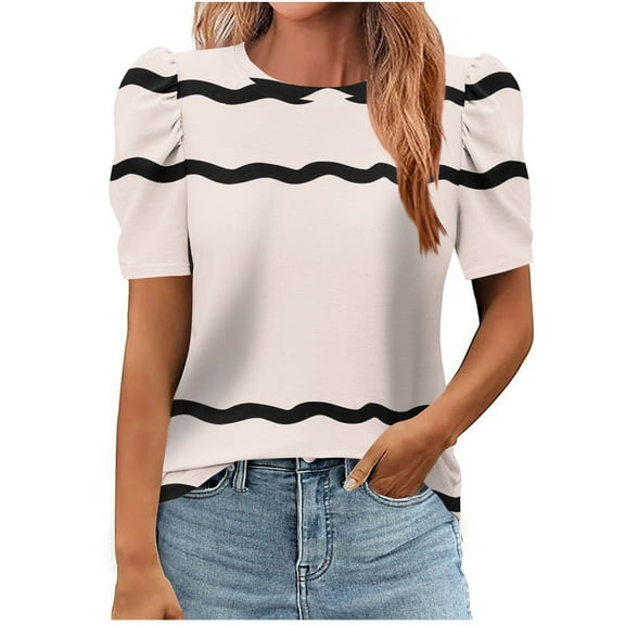 fatyb Tops Women's Striped Print Short Sleeve Tshirts for Women Crew Neck Summer Casual Blouses