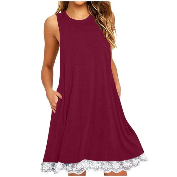 fatyb Womens Summer Dresses with Pockets Sleeveless Lace Hem Tank Dresses Casual Mini A-Line Dresses
