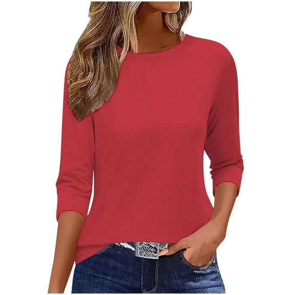 fatyb 3/4 Length Sleeve Tops for Women Crew Neck Casual T Shirts Lightweight Loose Womens Summer Blouses