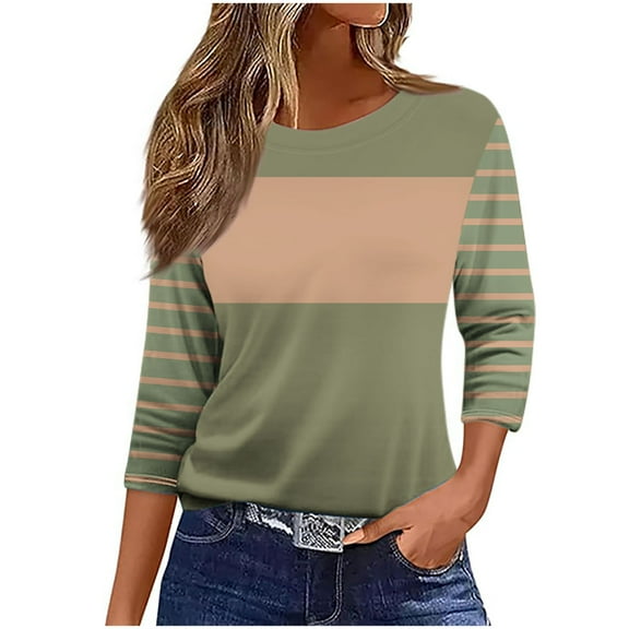 fatyb 3/4 Length Sleeve Tops for Women Crew Neck Casual T Shirts Lightweight Loose Womens Summer Blouses