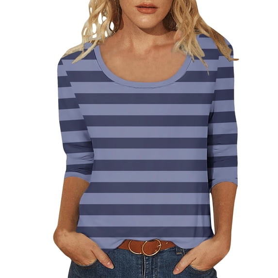 fatyb 3/4 Length Sleeve Tops for Women Striped Crew Neck Casual Tshirts Print Womens Loose Blouses Tee