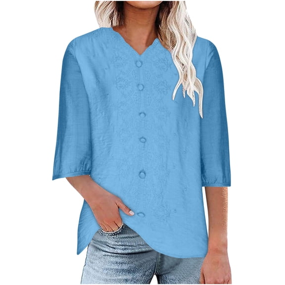 fatyb 3/4 Sleeve Shirts for Women Vintage Embroidery V Neck Dressy Casual Blouses Women's Summer Tops