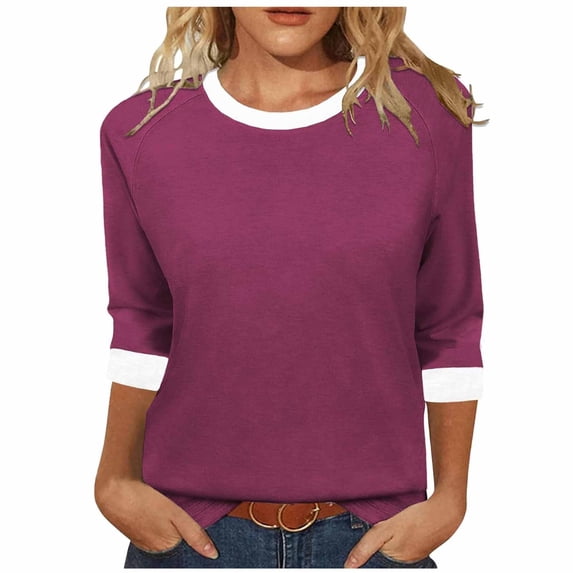fatyb 3/4 Sleeve Tops for Women Crew Neck Color Block T Shirts Comfort Blouses Summer Casual Loose Tee