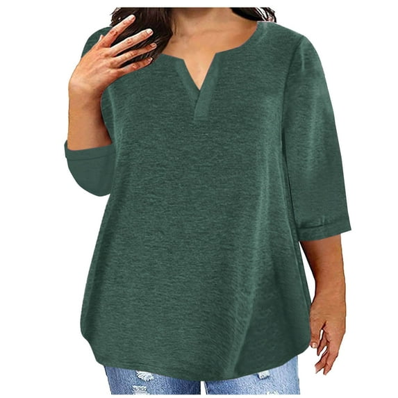 fatyb 3/4 Sleeve Womens Plus Size Tops Short Sleeve V Neck Casual Blouses Women's Plain Loose Tunic Tees