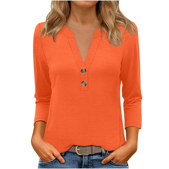 fatyb 3/4 Sleeve Womens V Neck Tops Casual Button Tunic Blouses for Women Solid Color Dressy T Shirts