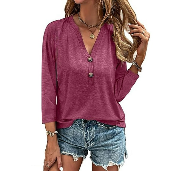 fatyb 3/4 Sleeve Womens V Neck Tops Casual Button Tunic Blouses for Women Solid Color Dressy T Shirts