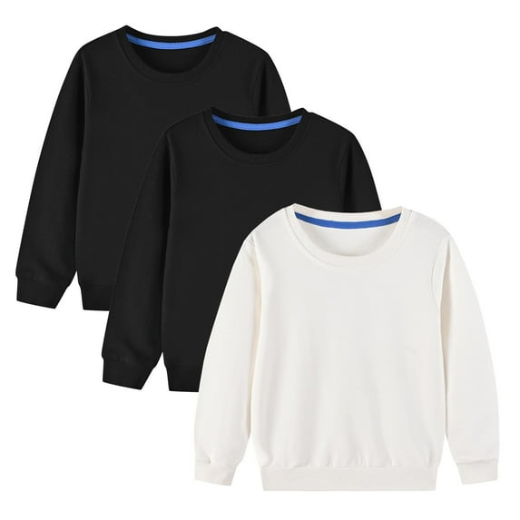 fatyb 3 Pack Girls Boys Crewneck Long Sleeve Pullover Sweatshirts Kids Unisex Solid Color Casual Tops