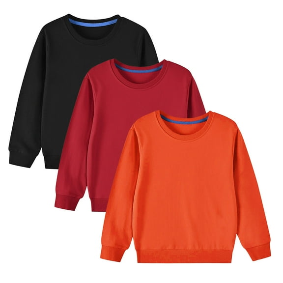 fatyb 3 Pack Girls Boys Crewneck Long Sleeve Pullover Sweatshirts Kids Unisex Solid Color Casual Tops