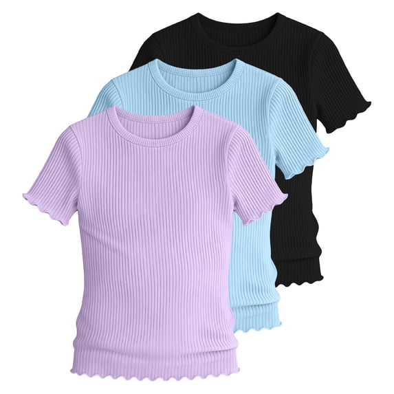 fatyb 3 Pack Girls T-Shirts Short Sleeve Ribbed Knit Crew Neck Tee Shirts Lightweight Casual Summer Tops