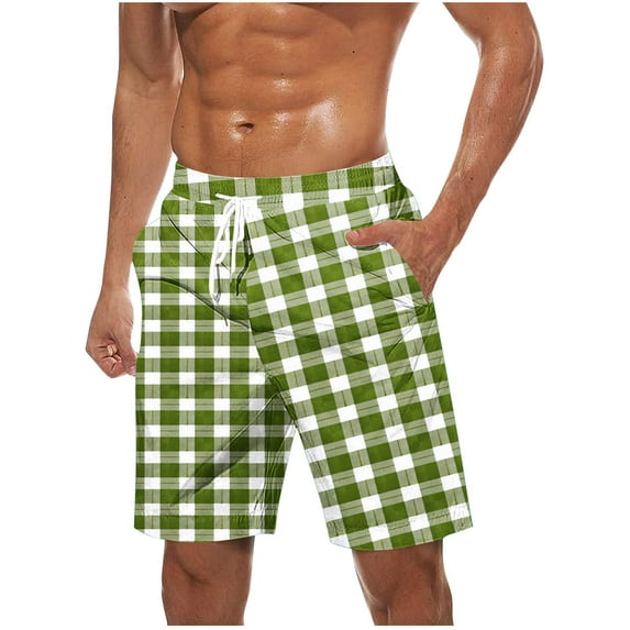 fatyb Beach Shorts for Men Plaid Print Drawstring Casual Shorts Lightweight Mens Summer Vacation Shorts