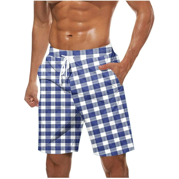 fatyb Beach Shorts for Men Plaid Print Drawstring Casual Shorts Lightweight Mens Summer Vacation Shorts