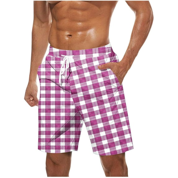 fatyb Beach Shorts for Men Plaid Print Drawstring Casual Shorts Lightweight Mens Summer Vacation Shorts