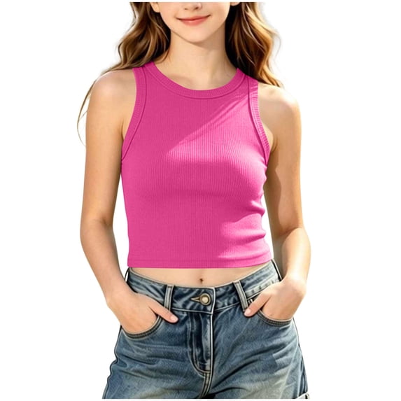 fatyb Big Girls Tank Tops Casual Ribbed Knit Cropped Tops Crewneck Sleeveless Gym Dance Tops 9-14 Years