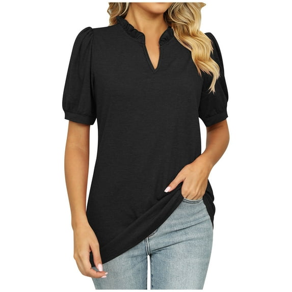 fatyb Blouses for Women V Neck Puff Short Sleeve Casual Shirts Ruffle Stand Collar Summer Tunic Tops