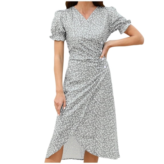 fatyb Boho Floral Dresses for Women V Neck Short Sleeve Vacation Dresses Womens Summer Midi Dresses