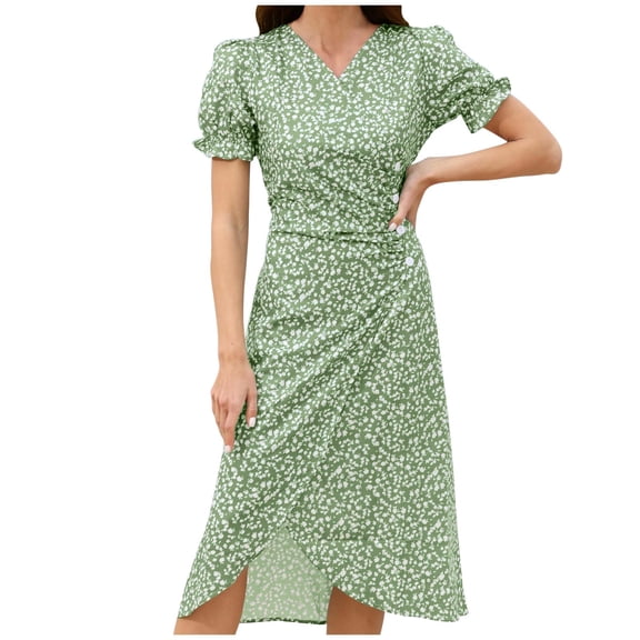 fatyb Boho Floral Dresses for Women V Neck Short Sleeve Vacation Dresses Womens Summer Midi Dresses