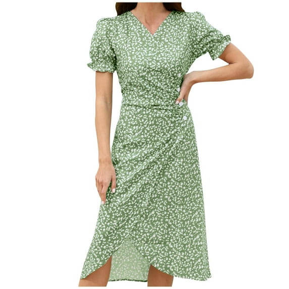 fatyb Boho Floral Dresses for Women V Neck Short Sleeve Vacation Dresses Womens Summer Midi Dresses