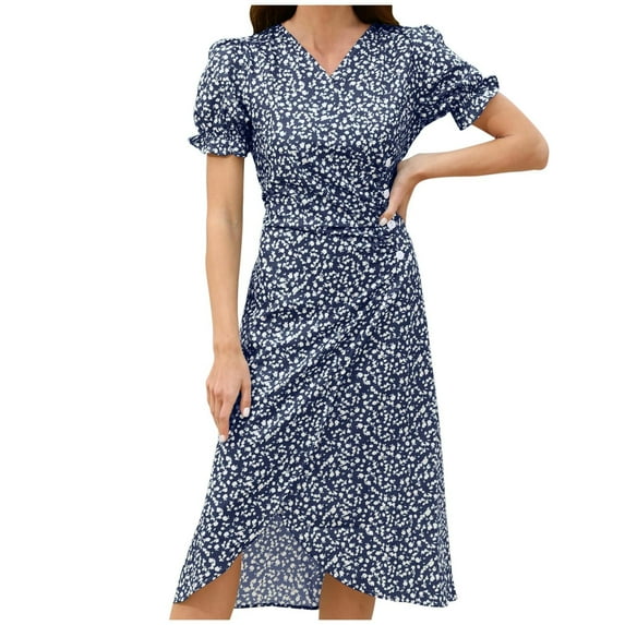 fatyb Boho Floral Dresses for Women V Neck Short Sleeve Vacation Dresses Womens Summer Midi Dresses