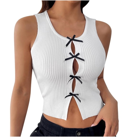 fatyb Bow Tank Tops for Women Sleeveless Crop Going out T-Shirts Crew Neck Summer Ribbed Womens Tops