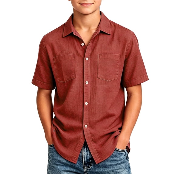 fatyb Boys Button down Shirts Cotton Linen Short Sleeve Shirts with Pockets Kids Summer Beach Shirts