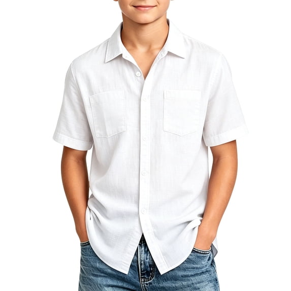 fatyb Boys Button down Shirts Cotton Linen Short Sleeve Shirts with Pockets Kids Summer Beach Shirts