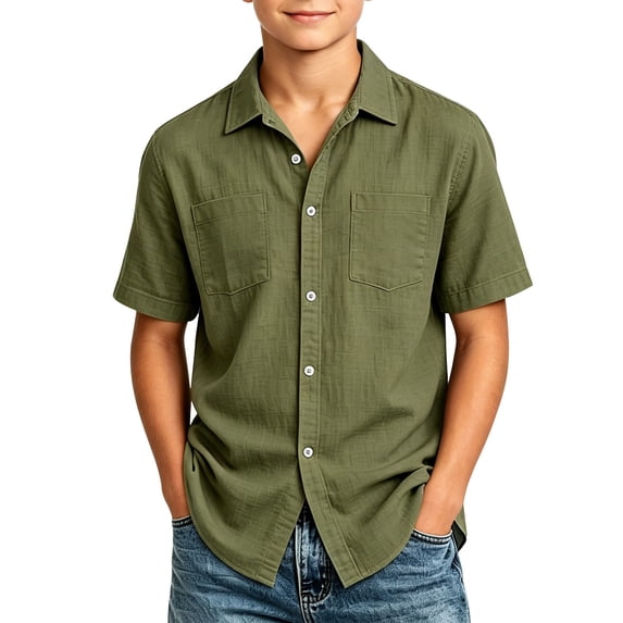 fatyb Boys Button down Shirts Cotton Linen Short Sleeve Shirts with Pockets Kids Summer Beach Shirts