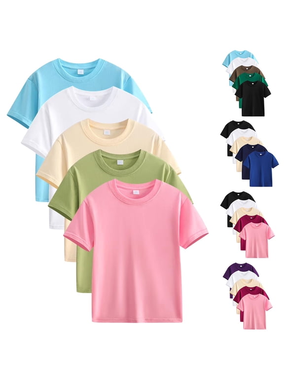 Boys Girls Basic T-Shirts Kids Short Sleeve Cotton Shirts Solid Color Unisex Tee Tops Pack of 5