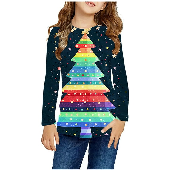 fatyb Boys Girls Christmas Tops Printed Unisex Long Sleeve Crewneck Casual Tee Shirts for 3-14 Years Kids
