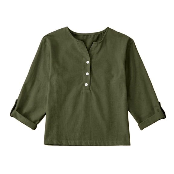fatyb Boys Girls Cotton Linen Shirts Long Sleeve Blouses Button V Neck Tshirts Lightweight Plain Tee Tops