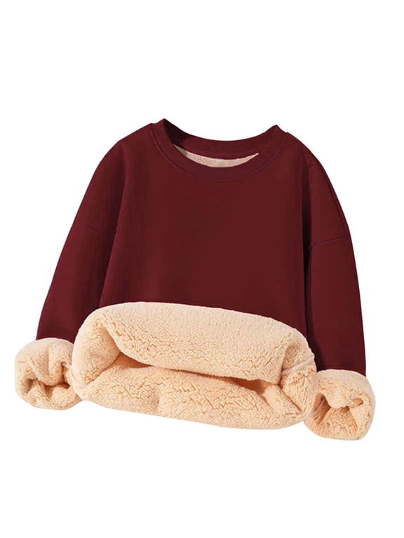 Boys Girls Fleece Lined Crewneck Sweatshirts Long Sleeve Thick Pullover Kids Fall Winter Clothes