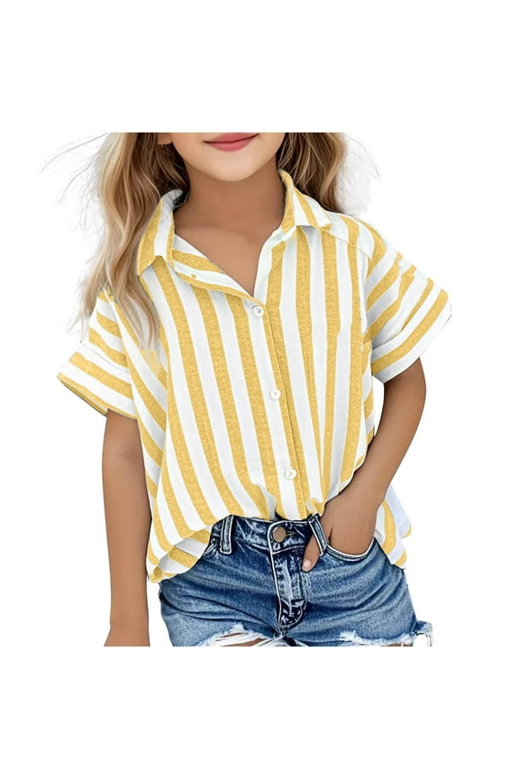 Boys Girls Short Sleeve Button down Shirts Kids Stripe Casual Loose Shirts Summer for 5-15 Years