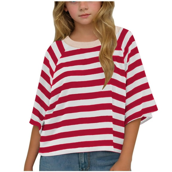 fatyb Boys Girls Striped Shirts Oversized Short Sleeve Shirts Crewneck Loose Kids Color Block Tee Tops