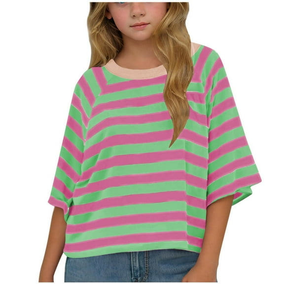 fatyb Boys Girls Striped Shirts Oversized Short Sleeve Shirts Crewneck Loose Kids Color Block Tee Tops