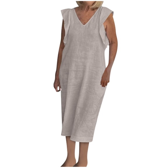 fatyb Casual Dresses for Women V Neck Lightweight Long Dresses Ruffle Short Sleeve Tie Back Summer Dresses