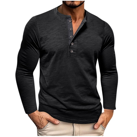 fatyb Casual Shirts for Men Long Sleeve Button Tee Solid Color Tops Lightweight Pullover Mens Clothes