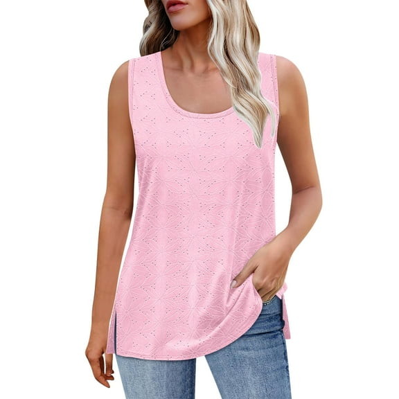 fatyb Casual Tank Tops Womens Eyelet Embroidery T Shirts Sleeveless Loose Summer Beach Tunic Blouses