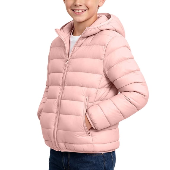 fatyb Children Hooded Puffer Jacket with Zipper Pockets Kids Long Sleeve Warm Down Coat for Boys Girls