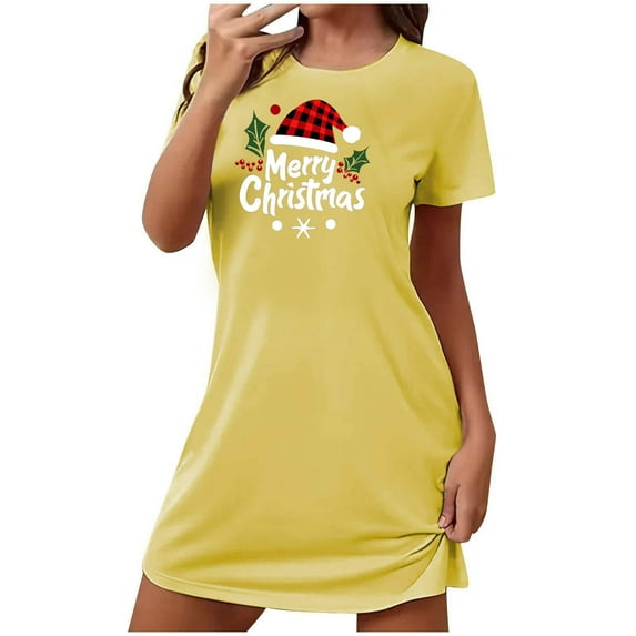 fatyb Christmas Nightgown for Women Short Sleeve Sleepwear Printed Pajamas Dress Womens Casual Sleepdress