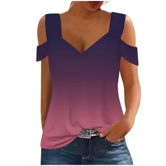 fatyb Cold Shoulder Womens Gradient Tops V Neck Short Sleeve Blouses Loose Basic Tees Summer Casual Shirts