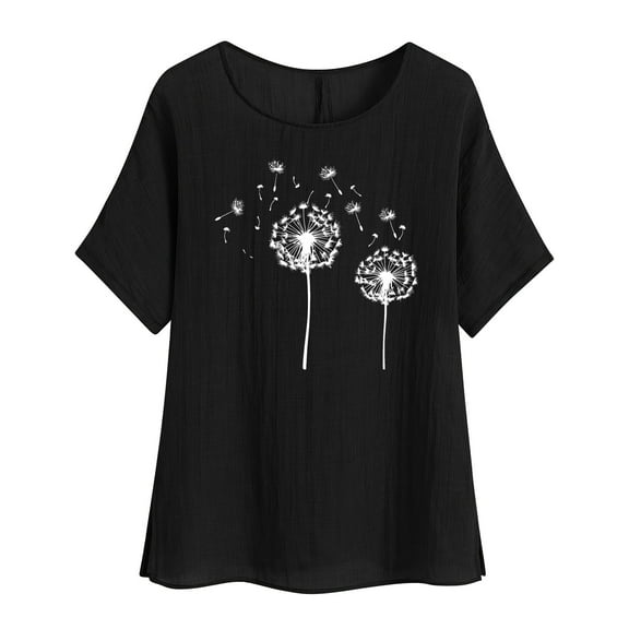 fatyb Cotton Linen Tops for Women Short Sleeve Graphic Printed Shirts Casual Womens Lightweight Blouses