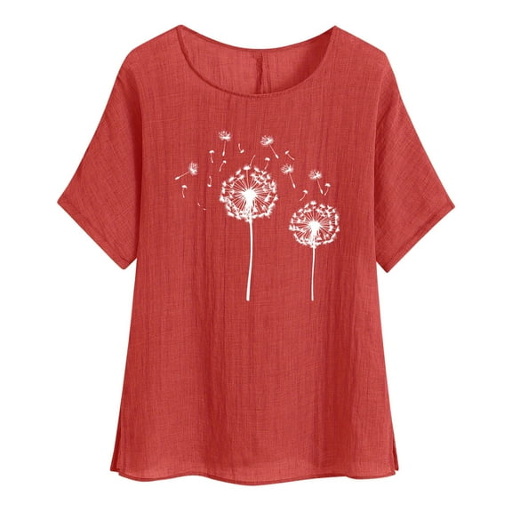 fatyb Cotton Linen Tops for Women Short Sleeve Graphic Printed Shirts Casual Womens Lightweight Blouses