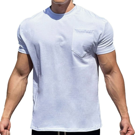 fatyb Cotton T Shirts Mens Short Sleeve Pocket Casual Tee Shirts Crew Neck Solid Color Summer Basic Tops