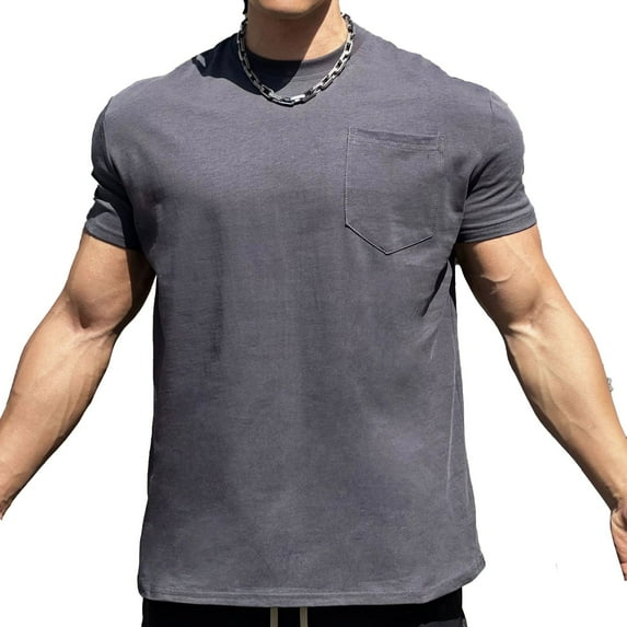 fatyb Cotton T Shirts Mens Short Sleeve Pocket Casual Tee Shirts Crew Neck Solid Color Summer Basic Tops